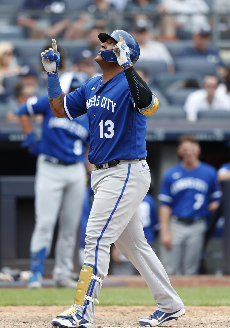 Kansas City Royals' Salvador Perez (13) reacts after hitting a home run against the New York Yankees during the ninth inning of a baseball game Sunday, July 31, 2022, in New York. (AP Photo/Noah K. Murray)