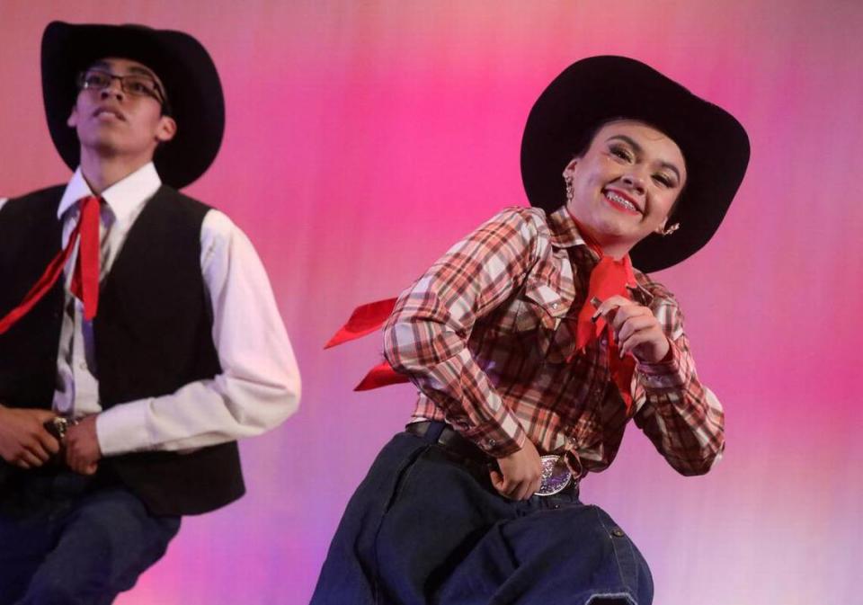 Juan Cruz and Nayeli Jaime perform ‘La Loba del Mal’ from Baja California at the Central East Danzantes de Tláloc 25th anniversary show at the Performing Arts Center on May 26, 2023.
