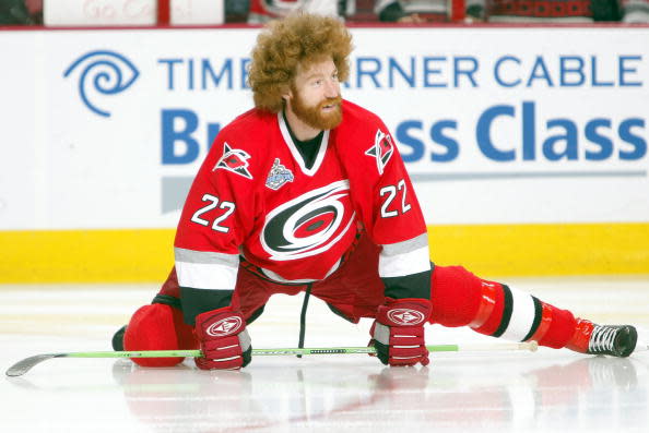 RALEIGH, NC - JUNE 14: Mike Commodore #22 of the Carolina Hurricanes warms up before game five of the 2006 NHL Stanley Cup Finals against the Edmonton Oilers on June 14, 2006 at the RBC Center in Raleigh, North Carolina. (Photo by Elsa/Getty Images)