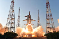 India's IRNSS-1D navigation satellite launches on March 28, 2015 from Satish Dhawan Space Center.