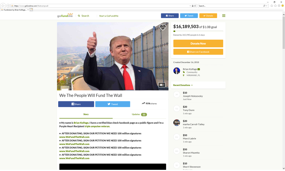 Screenshot of the gofundme campaign 'We The People Will Fund The Wall.'