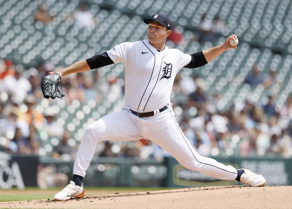 Tigers pitcher Tarik Skubal pitches during the first inning against the Giants on Monday, July 24, 2023, at Comerica Park.