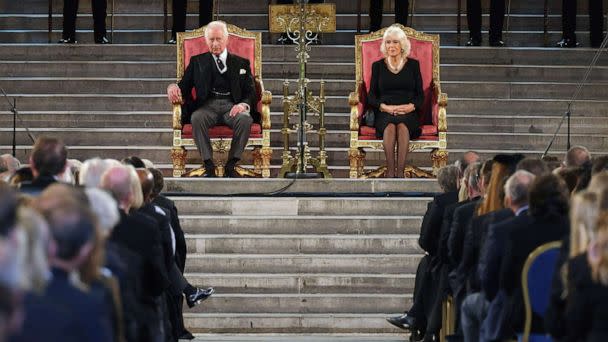 PHOTO: King Charles III and Camilla, Queen Consort attend the presentation of Addresses by both Houses of Parliament in Westminster Hall, inside the Palace of Westminster, central London, Sept. 12, 2022. (Ian Vogler/POOL/AFP via Getty Images)