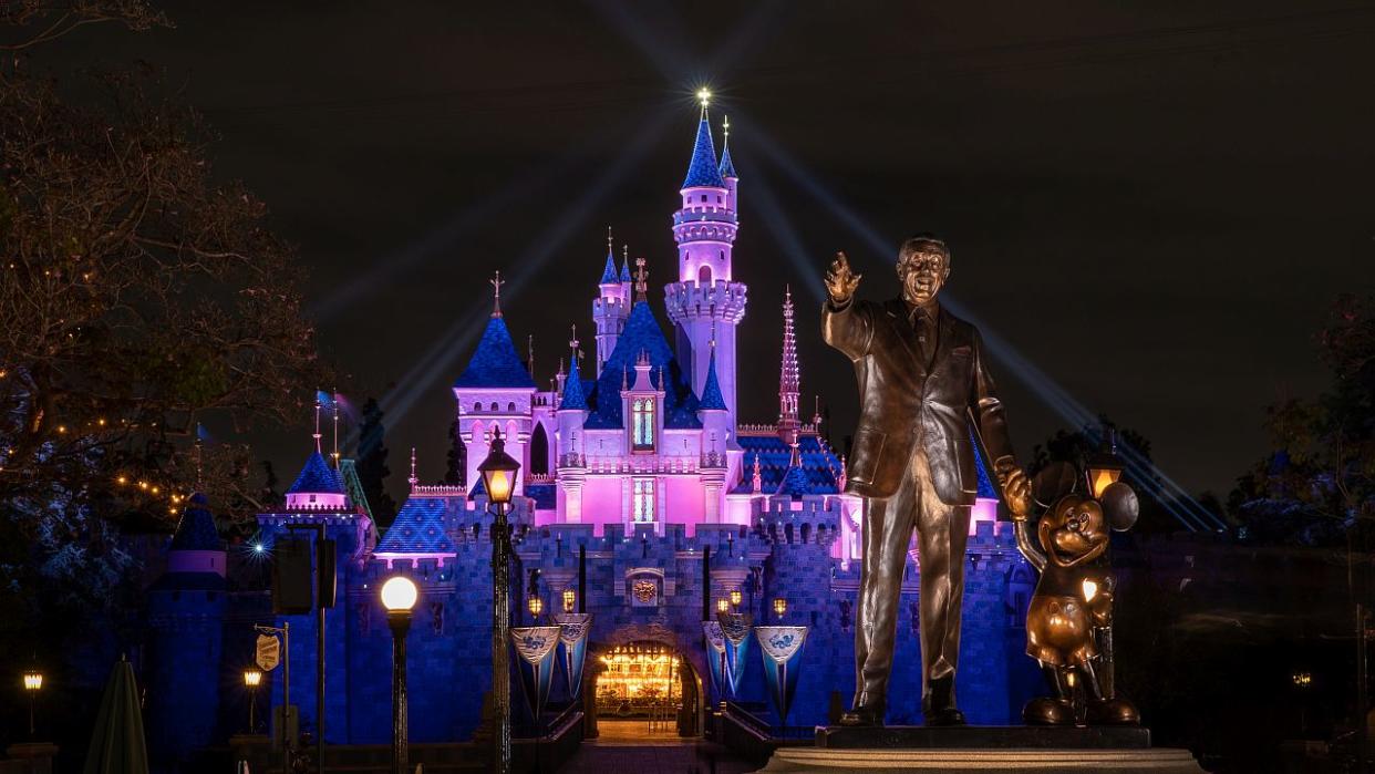  Partners statue and Sleeping Beauty Castle at night. 