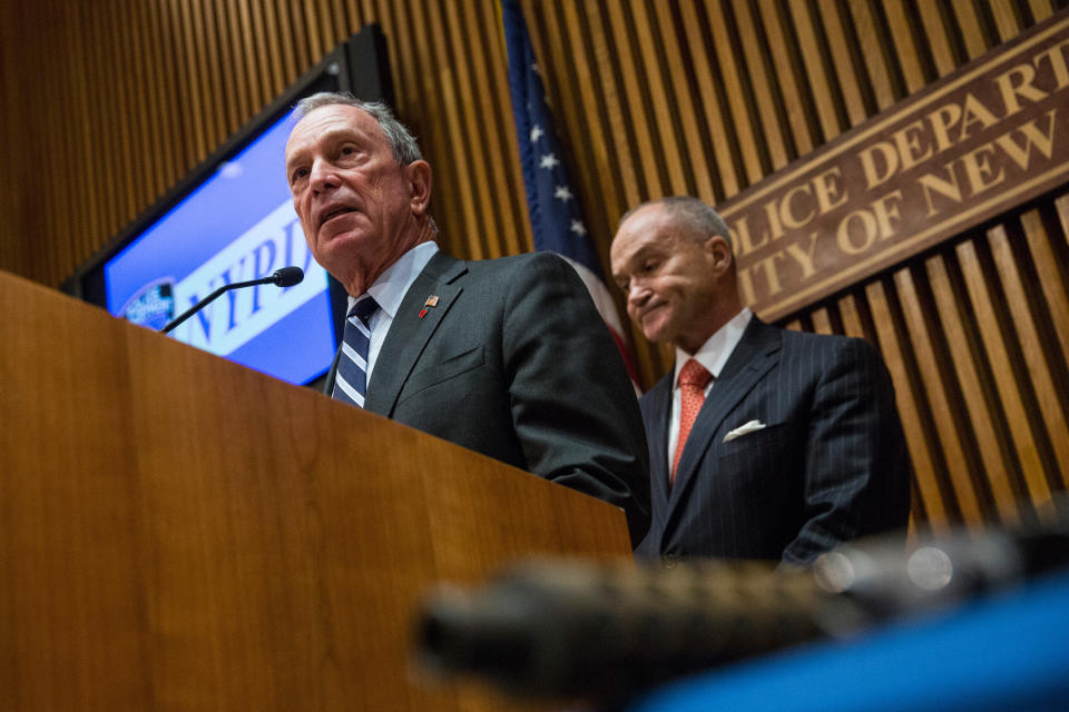 Then-New York City Mayor Mike Bloomberg speaks alongside then-New York Police Department Commissioner Ray Kelly on Aug. 19, 2013, in New York City. (Photo: Andrew Burton via Getty Images)