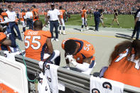 <p>Brandon Marshall (54) of the Denver Broncos after the National Anthem of the game against the Seattle Seahawks. The Denver Broncos hosted the Seattle Seahawks at Broncos Stadium at Mile High in Denver, Colorado on Sunday, September 9, 2018. (Photo by Andy Cross/The Denver Post) </p>
