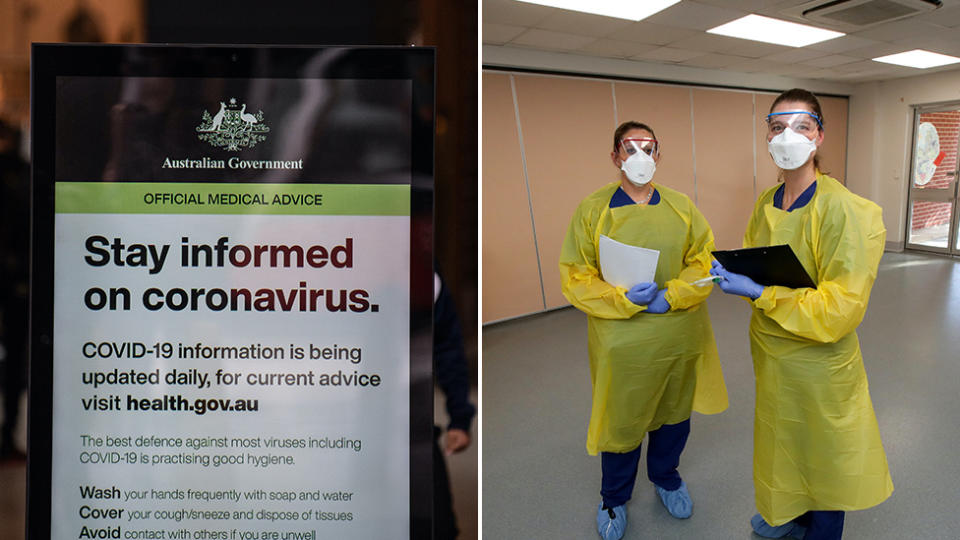 Picture of a sign encouraging people to stay informed about the coronavirus and two staff members wearing masks at at new coronavirus clinic in South Australia