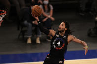 New York Knicks guard Derrick Rose drives to the basket during the second half of an NBA basketball game against the New Orleans Pelicans on Sunday, April 18, 2021, in New York. (AP Photo/Adam Hunger, Pool)