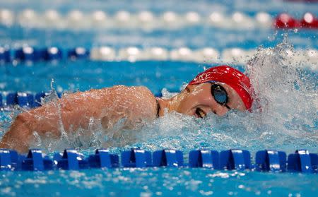 July 1, 2016; Omaha, NE, USA; Katie Ledecky during the women's 800m freestyle preliminary heats in the U.S. Olympic swimming team trials at CenturyLink Center. Mandatory Credit: Erich Schlegel-USA TODAY Sports