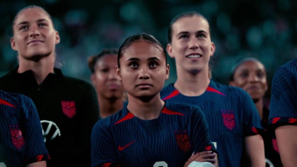 From left to right: USWNT players Aubrey Kingsbury, Alyssa Thompson and Sam Coffey in “Under Pressure: The U.S. Women’s World Cup Team” (Netflix)