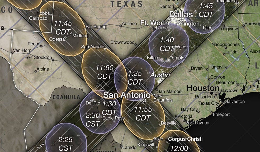 An area of Texas near San Antonio, where the two eclipse paths cross, will experience both the annular eclipse in 2023 and the total eclipse in 2024. Eclipse calculations were provided by Ernie Wright of the NASA Goddard Space Flight Center.