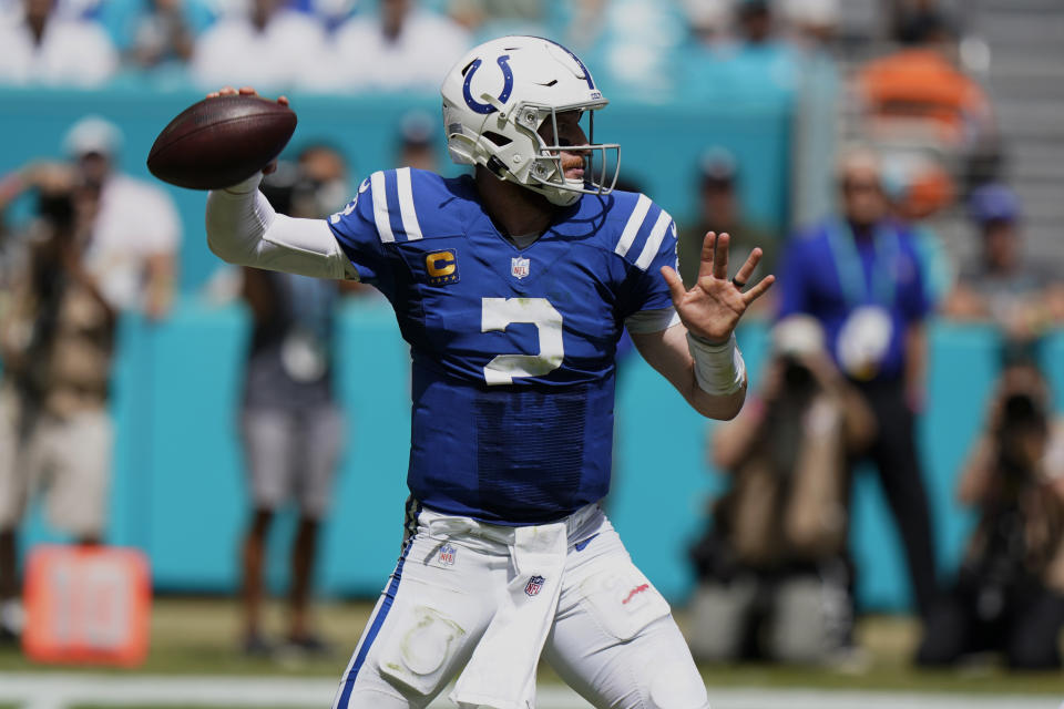 Indianapolis Colts quarterback Carson Wentz (2) aims a pass during the first half of an NFL football game against the Miami Dolphins, Sunday, Oct. 3, 2021, in Miami Gardens, Fla. (AP Photo/WIlfredo Lee)