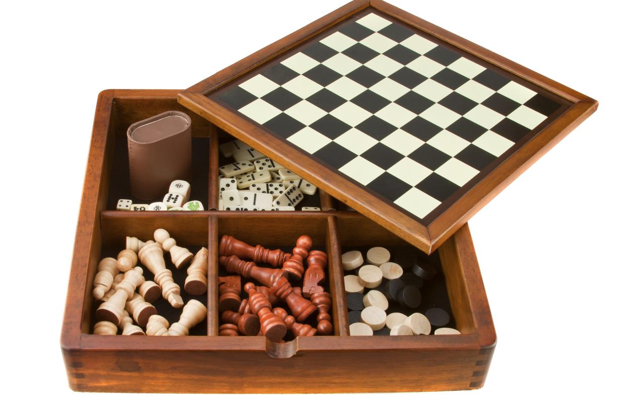 A board game set in a wooden box