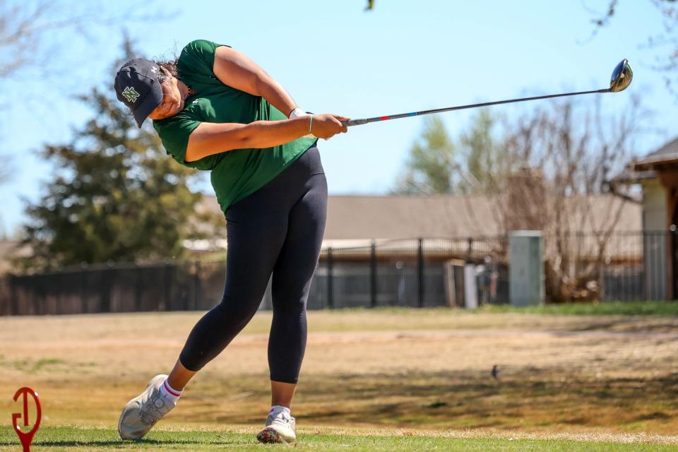 Norman North’s Syrah Javed tees off during the Central Oklahoma Athletic Conference Tournament on April 3 at The Greens Country Club in Oklahoma City.