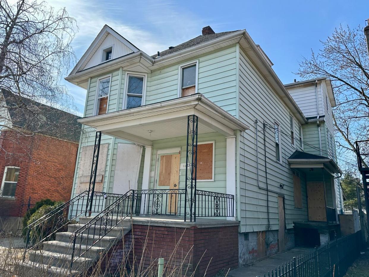 The three-storey house at 663 Marentette Ave. in Windsor — described in a February 2024 real estate listing as having 18 bedrooms, with potential for 21 bedrooms. (Dalson Chen/CBC - image credit)