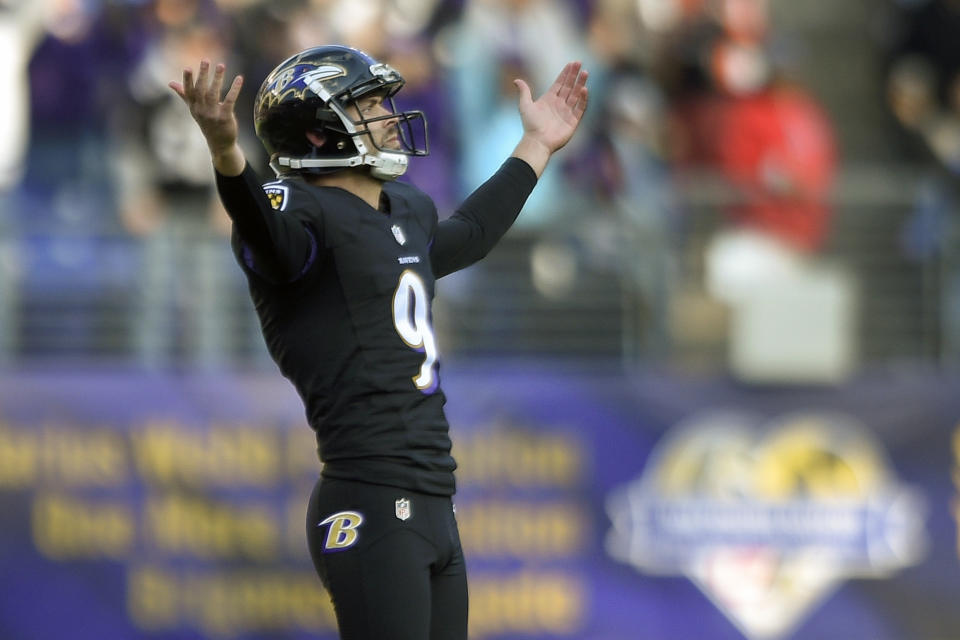 Baltimore Ravens kicker Justin Tucker celebrates his field goal. (AP)