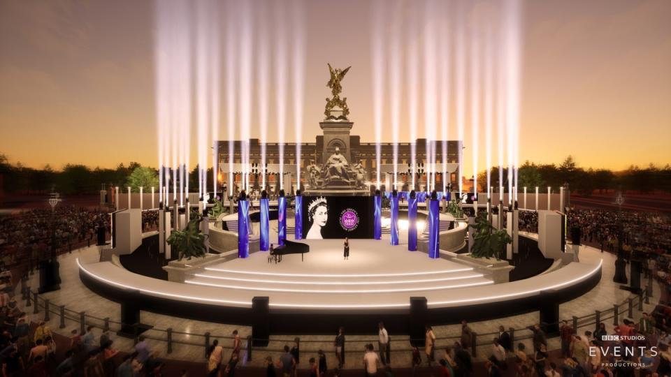 An artist’s impression of the stages outside Buckingham Palace for the Platinum Party at the Palace (BBC/PA) (PA Media)