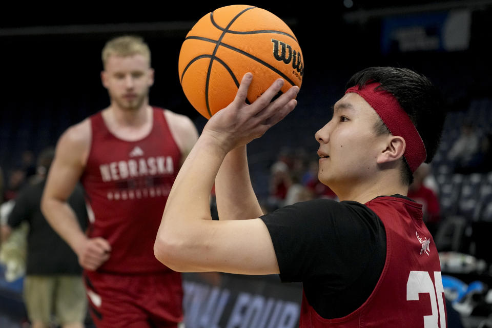 Nebraska guard Keisei Tominaga practices for the team's first-round college basketball game in the NCAA Tournament, Thursday, March 21, 2024, in Memphis, Tenn. (AP Photo/George Walker IV)