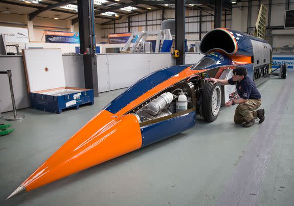 The Bloodhound SSC vehicle, a supersonic car designed to beat the current land speed record of 763 miles per hour.