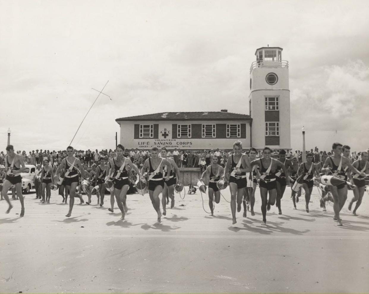 Dozens of lifeguards participate in the 1948 American Red Cross Life Saving Corps marathon in Jacksonville Beach. The volunteer guards had a long tradition of patrolling the beach, which ended last year.