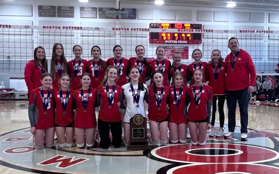 Morton Junior High School won the Illinois Elementary School Association Class 4A eighth-grade volleyball state championship in March 2024 in Morton.
