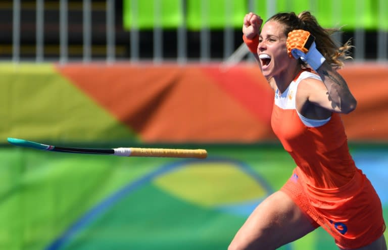 Netherlands' Ellen Hoog celebrates her goal during the penalty shoot-out in Rio de Janeiro on August 17, 2016