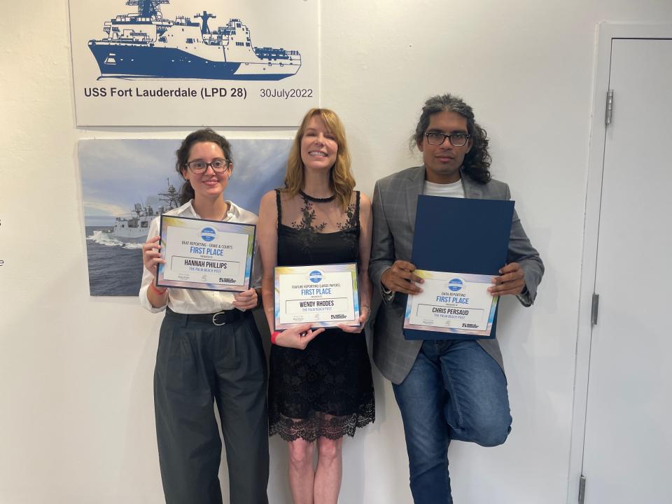 First place winners from The Palm Beach Post in the 2023 Sunshine State Awards: from left, Hannah Phillips, Wendy Rhodes, Chris Persaud