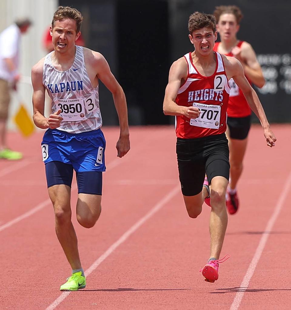 Kapaun Mt. Carmel senior Luke Brock became a two-time state champion in the 1600 by edging Shawnee Heights’ Jackson Esquibel for the 5A title on Saturday.