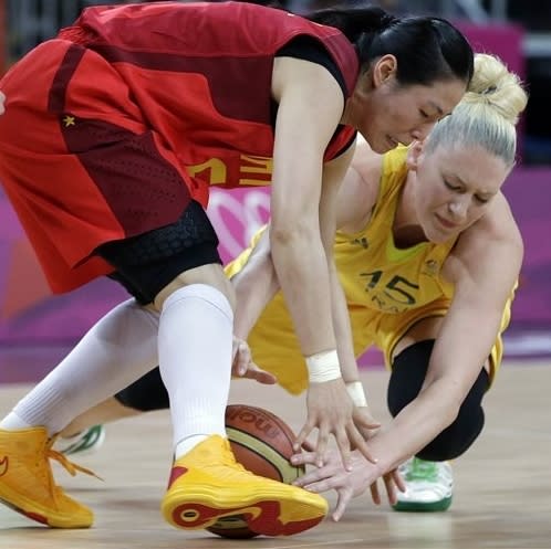 China's Song Xiaoyun, left, and Australia's Lauren Jackson, right, scramble for a loose ball during a quarterfinal women's basketball game at the 2012 Summer Olympics, Tuesday, Aug. 7, 2012, in London. (AP Photo/Eric Gay)