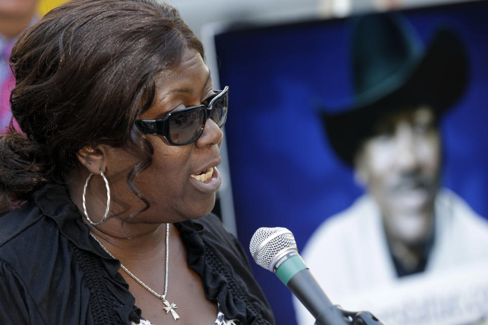 Boxing legend Joe Frazier's daughter Renae Frazier-Martin speaks during a news conference announcing a fundraising campaign for a sculpture of her father, outside of City Hall, Wednesday, Sept. 12, 2012, in Philadelphia. The statue is expected to be placed at Xfinity Live, an entertainment complex near Philadelphia's three sports stadiums. (AP Photo/Matt Rourke)