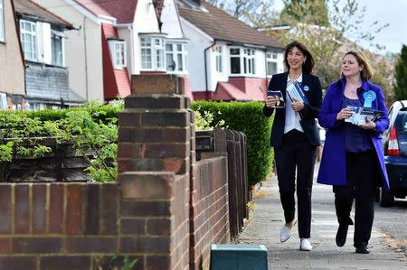 Samantha Cameron (L), the wife of Britain's Prime Minister David Cameron, canvasses with Brentford and Isleworth Conservative Party candidate Mary Macleod in Hounslow, west London, Britain April 29, 2015. REUTERS/Ben Stansall/pool