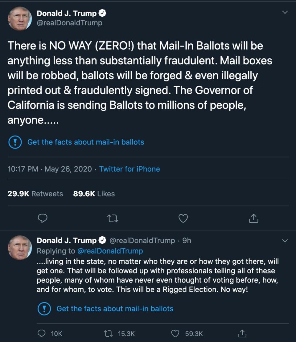 Twitter applied fact-check labels to two of Trump's tweets about mail-in ballots. (Photo: Twitter)