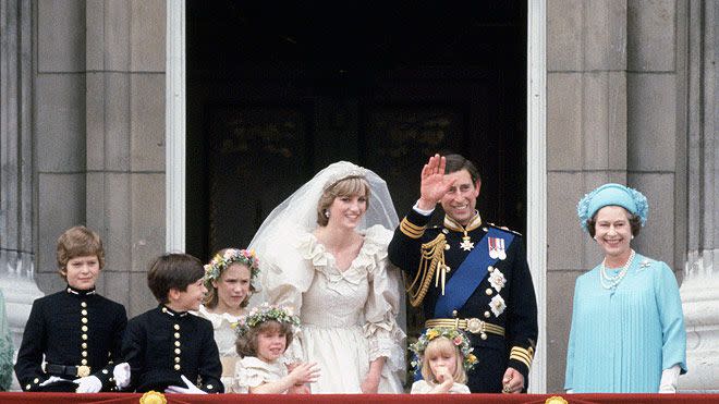 Prince Charles and Princess Diana on their wedding day on the balcony of Buckingham Palace. L to R: Queen Mother, pageboys Lord Nicholas Windsor and Edward van Cutsem, , Queen Elizabeth II