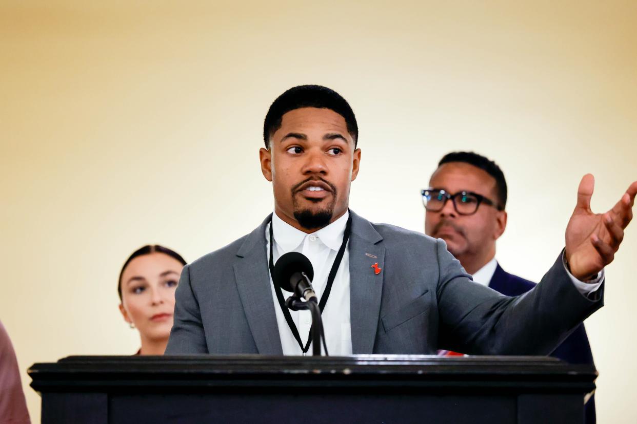 New York Giants wide receiver Sterling Shepard attends an event Monday in support of Cardiac Emergency Response Plans in Oklahoma schools at the state Capitol in Oklahoma City.