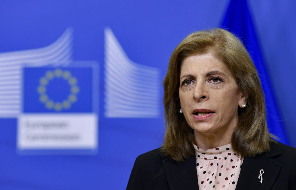 European Commissioner in charge of Health Stella Kyriakides gives a statement at the European Commission headquarters in Brussels, Monday, Jan. 25, 2021. The European Union lashed out Monday at the pharmaceutical giant AstraZeneca, accusing the company of failing to deliver the coronavirus vaccine doses to the bloc that it initially promised despite being funded by the bloc to ramp up production. (John Thys/Pool Photo via AP)