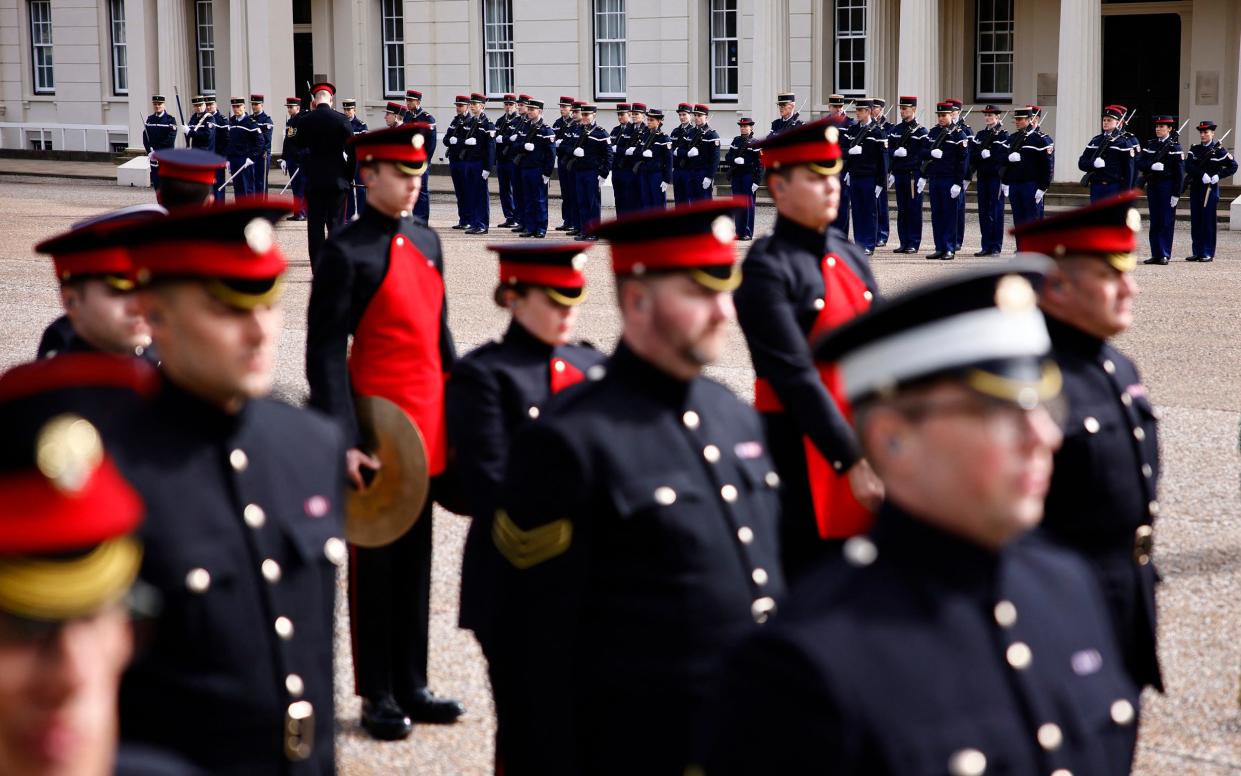 Members of France's Gendarmerie Garde Republicaine and members of the British Army's F Company Scots Guards take part in a rehearsal for a special Changing of the Guard ceremony, at Wellington Barracks in London on April 5, 2024, ahead of the 120th anniversary of the Entente Cordiale.