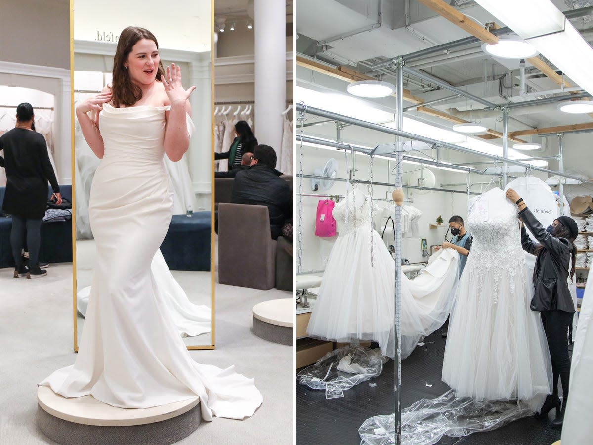 A side-by-side of a woman in a wedding dress and two people steaming wedding gowns.