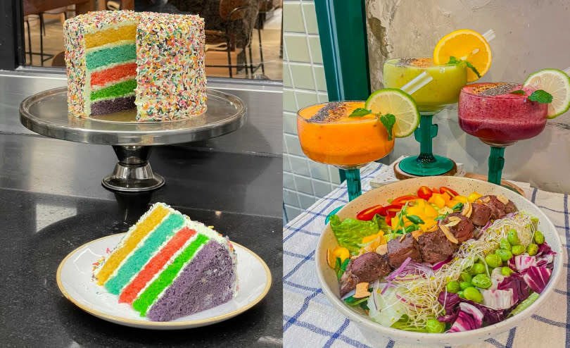 Supranormal Bakery Cafe推出全手工特製彩虹蛋糕（左），夢鹿咖啡推出彩虹活力果汁與沙拉等特製餐點。（Uber Eats 提供）