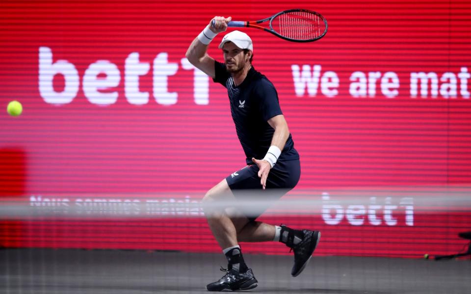 Andy Murray of Great Britain plays a forehand during the match between Fernando Verdasco of Spain and Andy Murray of Great Britain two of the Bett1Hulks Indoor tennis tournament at Lanxess Arena on October 13, - Christof Koepsel/Getty Images