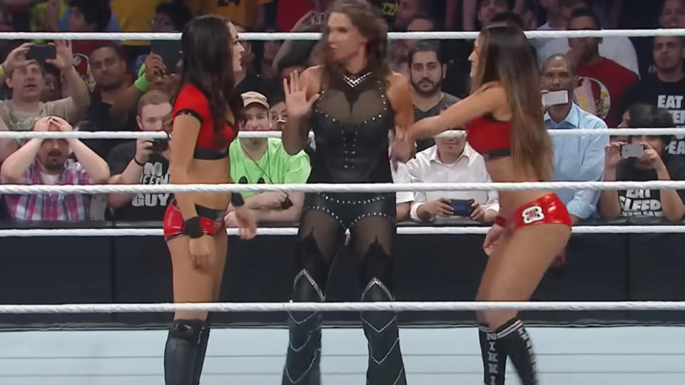 Nikki Bella turning on Brie Bella while Stephanie McMahon stands in the middle at SummerSlam 2014