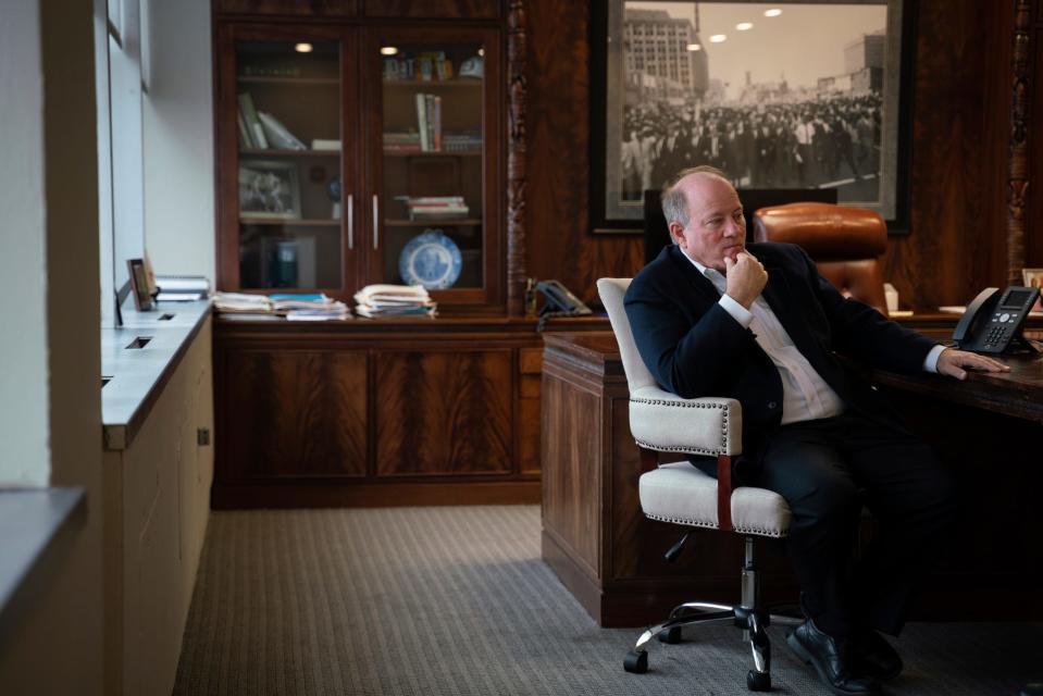 Detroit Mayor Mike Duggan sits for an interview with a Free Press reporter at his office in downtown Detroit on Thursday, Aug. 10, 2023.