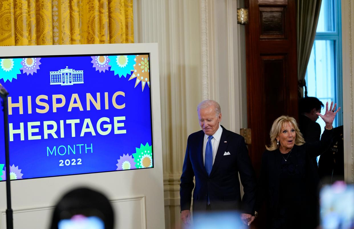 President Joe Biden and first lady Jill Biden arrive to attend a reception in the East Room of the White House for Hispanic Heritage Month in Washington, Friday, Sept. 30, 2022.