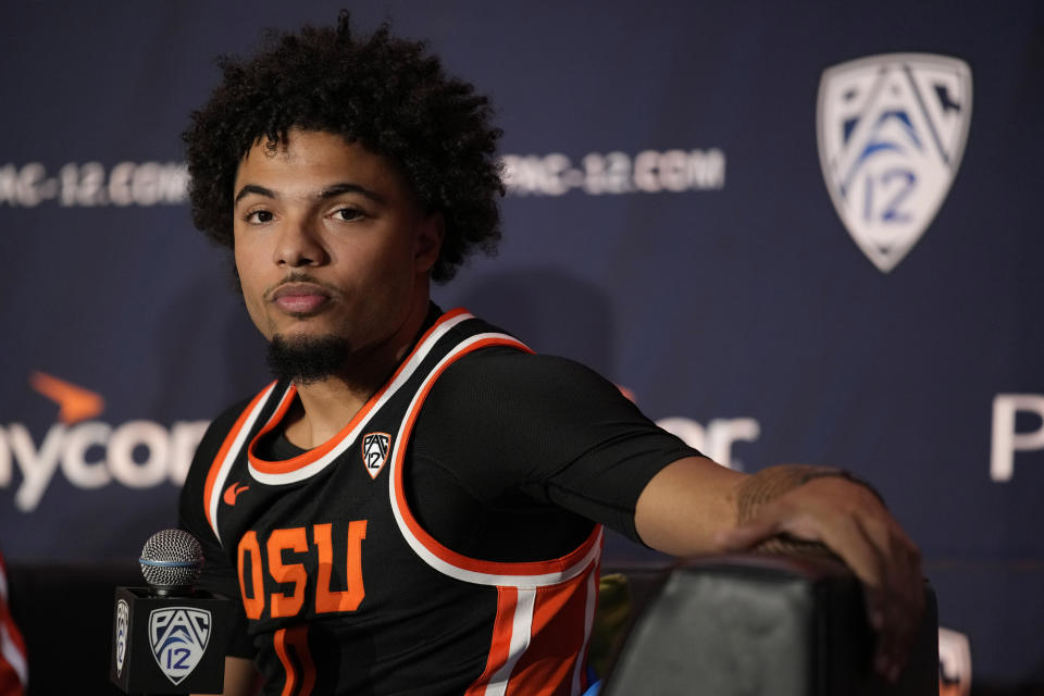 Oregon State's Jordan Pope attends a news conference at the Pac-12 Conference NCAA college basketball media day Wednesday, Oct. 11, 2023, in Las Vegas. (AP Photo/John Locher)