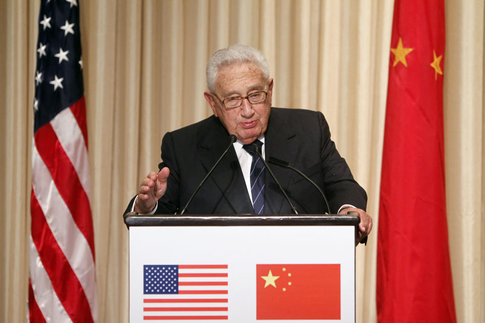 FILE- Former Secretary of State Henry Kissinger addresses a dinner, hosted by the National Committee on US-China Relations and the US-China Business Council, at the Waldorf Astoria Hotel Wednesday, Sept. 22, 2010, in New York. Official China called Kissinger “an old friend.” A commentator likened him to a giant panda, a goodwill ambassador between two countries that have been more often at odds over the decades than not. Kissinger, who died Wednesday, Nov. 29, 2023, developed a special relationship with China in the second half of his 100-year-long life. (AP Photo/Jason DeCrow, File)