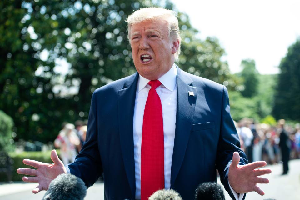 US President Donald Trump speaks to the media prior to departing from the South Lawn of the White House in Washington, DC, July 5, 2019.