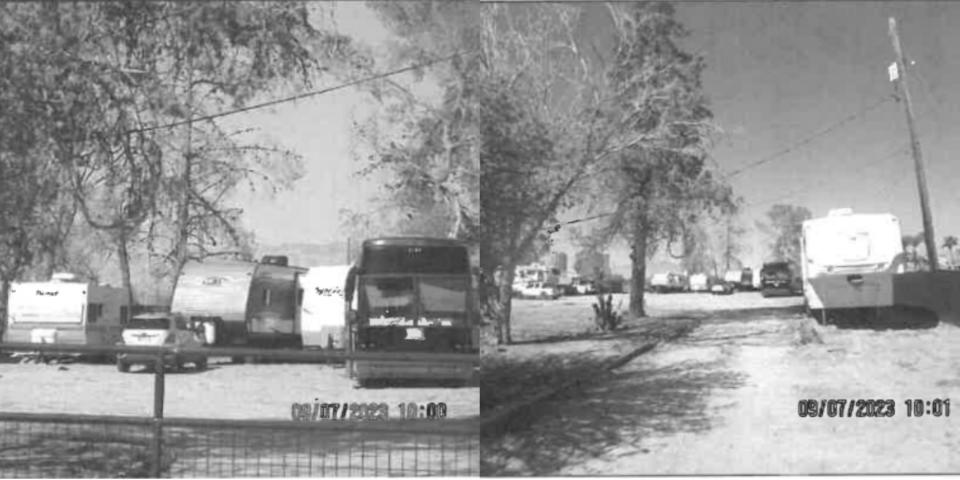 Two black-and-white photos with date stamps show at least a half dozen trailers parked on a rural property.