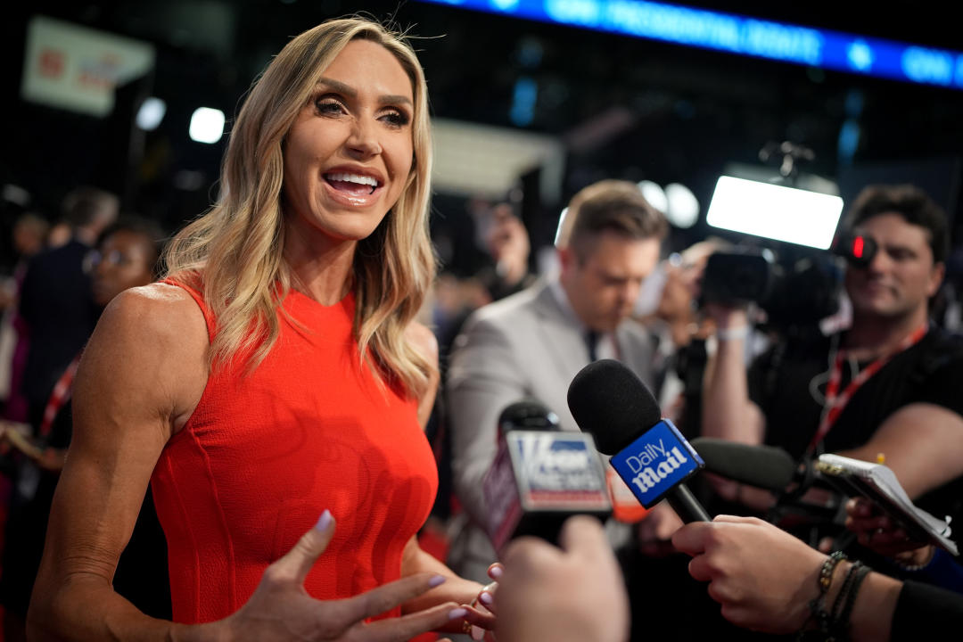 Lara Trump, co-chair of the Republican National Committee, speaks to reporters.