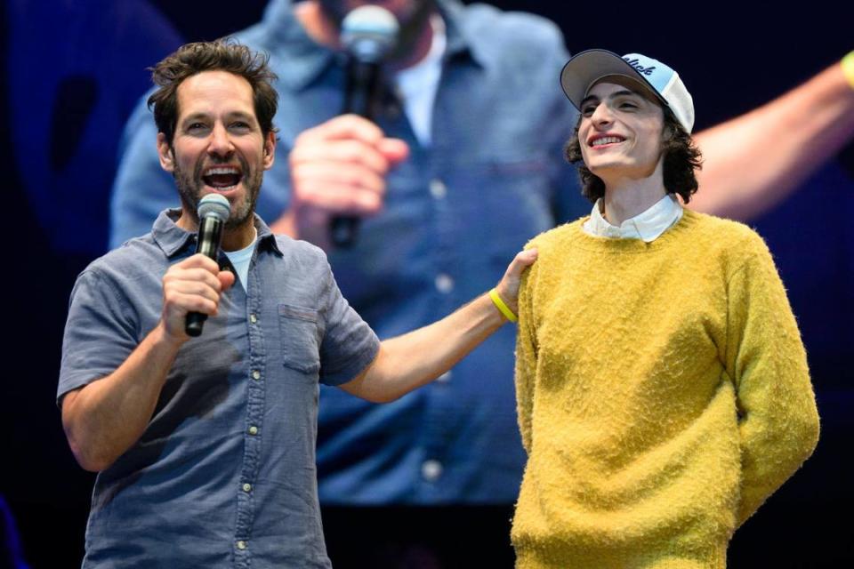 Paul Rudd, left, and his “Ghostbusters” co-star Finn Wolfhard hyped a package to attend the premiere of their movie next year.