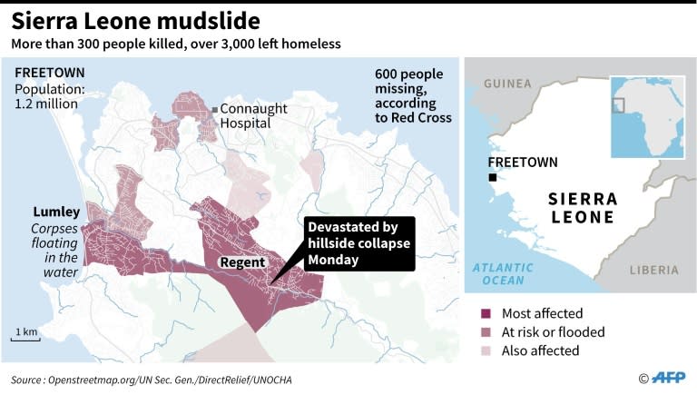 Updated close-up map of Freetown, hit by massive flooding which has left hundreds of people dead