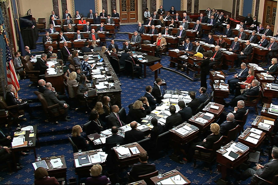 In this image from video, the Senate votes on an amendment offered by Senate Minority Leader Chuck Schumer, D-N.Y., in the impeachment trial against President Donald Trump in the Senate at the U.S. Capitol in Washington, Tuesday, Jan. 21, 2020. (Senate Television via AP)